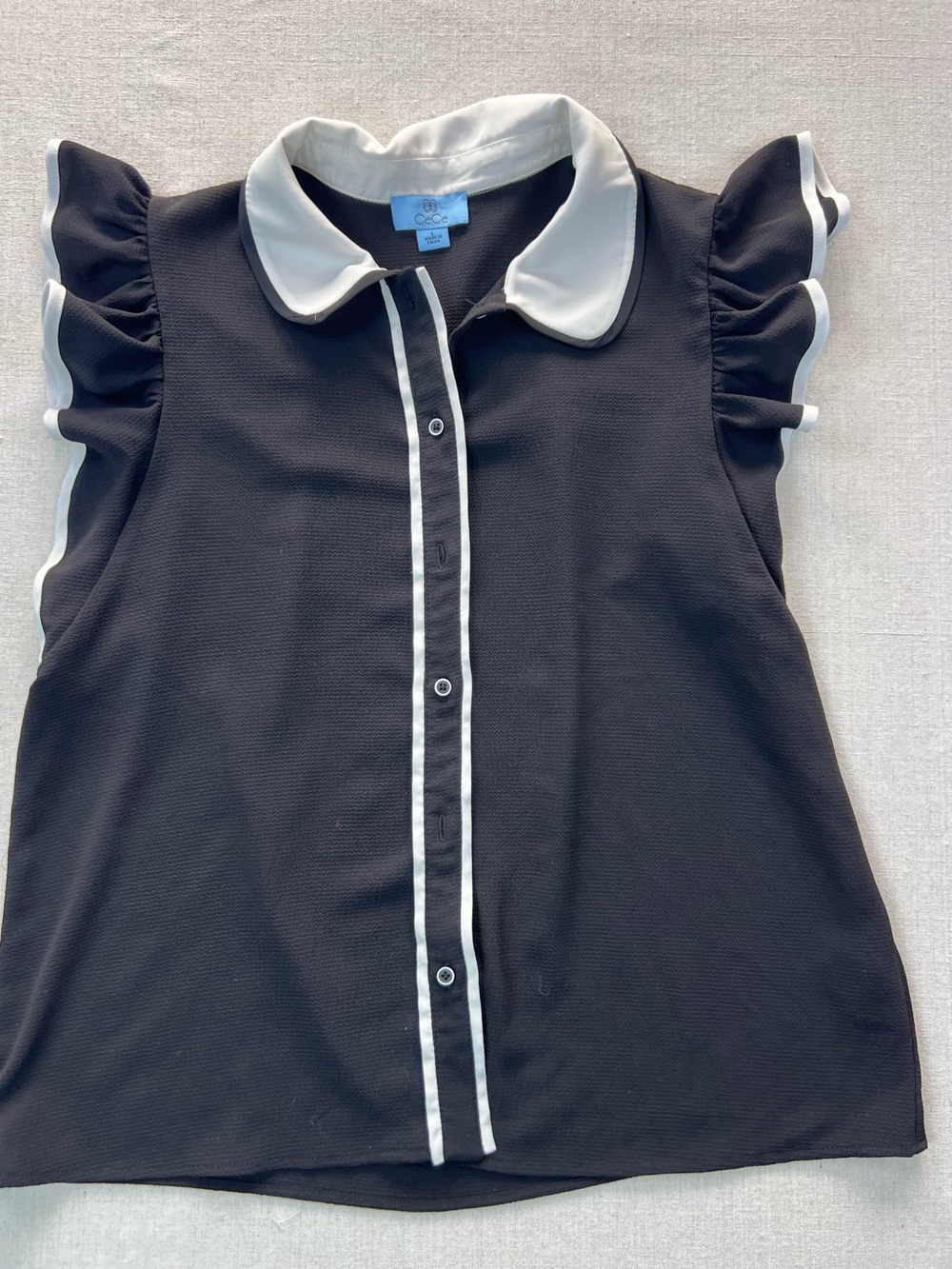 Women’s Black Ruffle Sleeve Chic Classy Blouse with White Trim - L